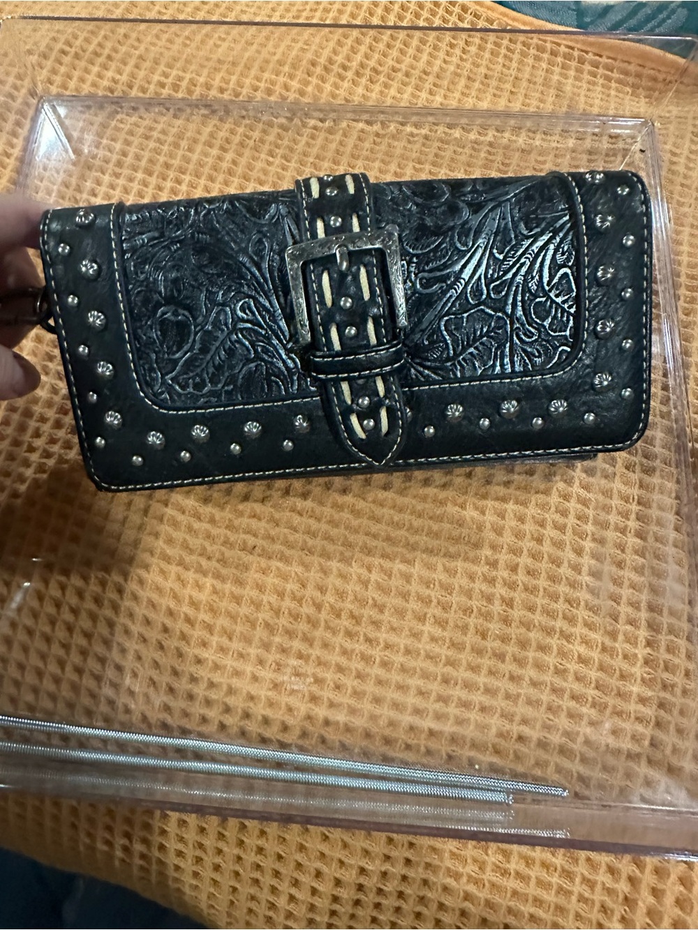 Montana West Black Embossed Buckle Wallet with Stud Accents